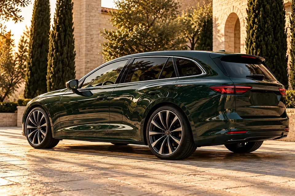 Un'auto familiare verde scura, vista di tre quarti