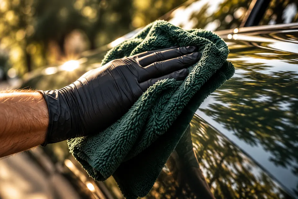 Una mano con il guanto passa un panno in microfibra verde sulla carrozzeria