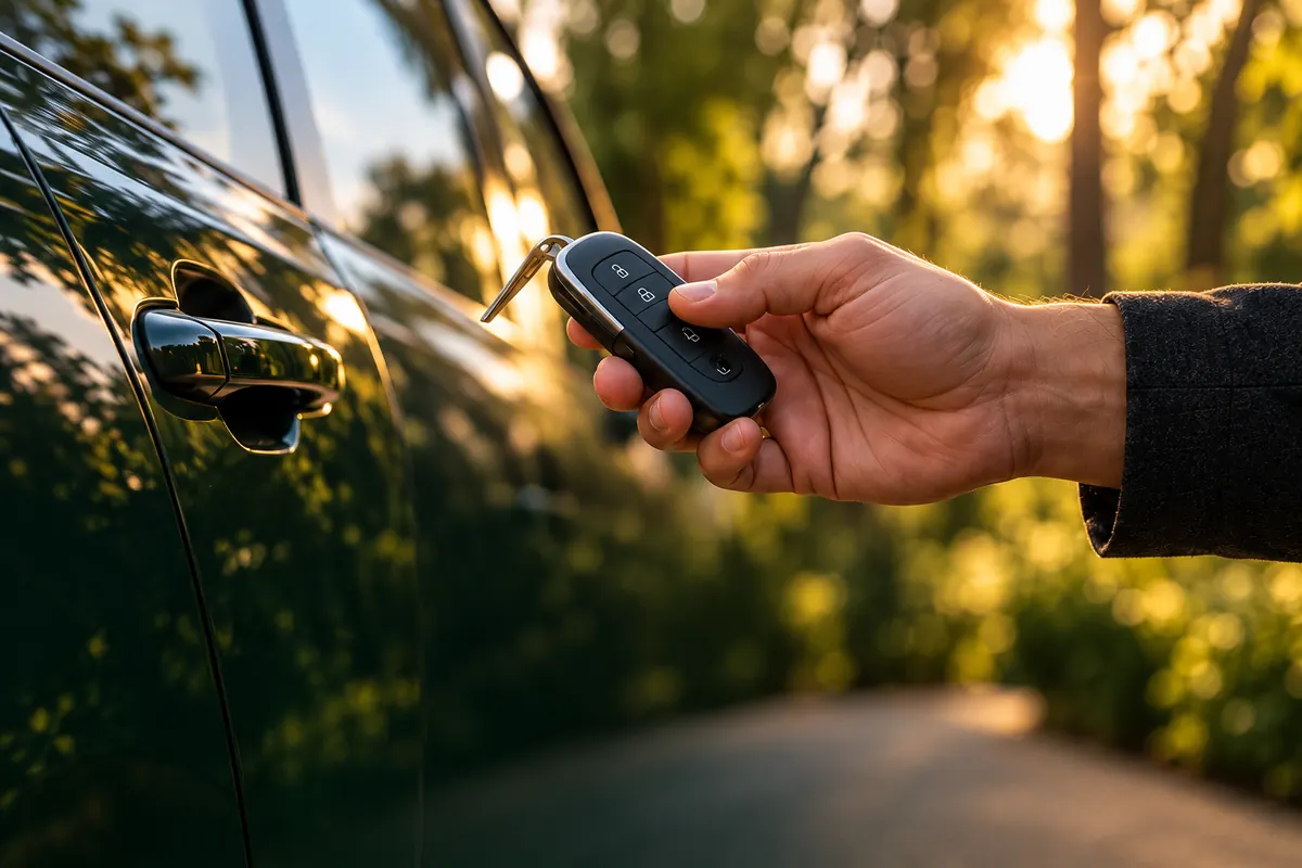 Una mano tiene la chiave di un'auto accanto alla portiera