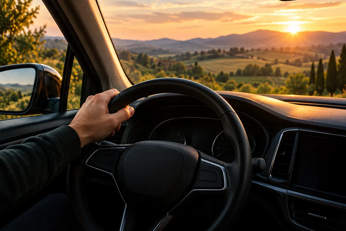 Le mani sul volante, la strada tra le colline al tramonto