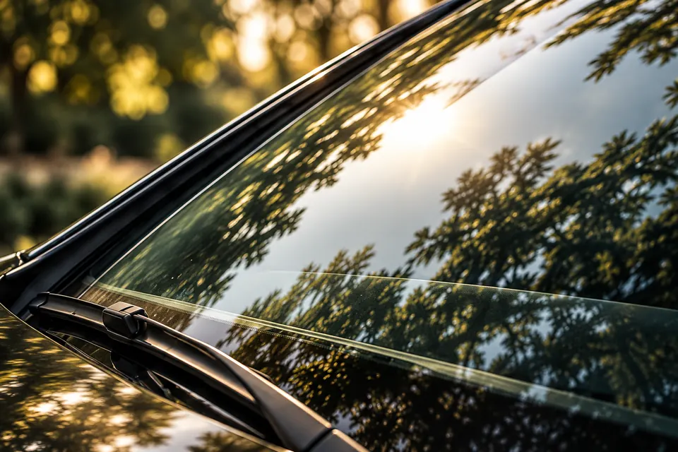 Il parabrezza di un'auto, con i riflessi degli alberi